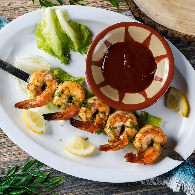 Grilled shrimp kabob with lemon wedges, lettuce, and a side of red sauce on a white plate.